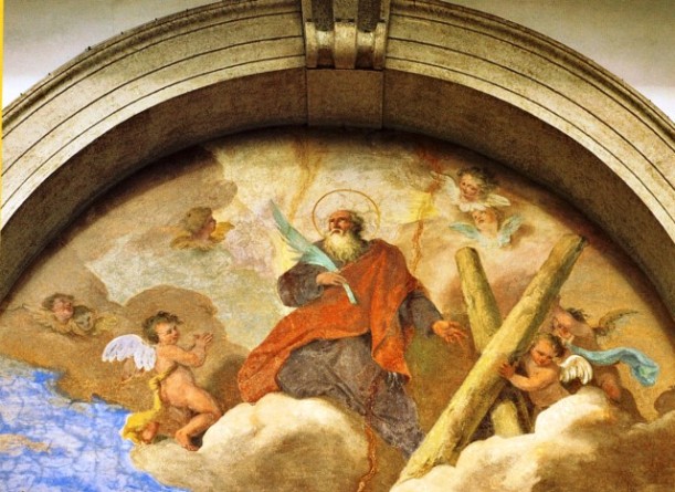 San Andrea Apostolo. Affresco nella facciata della chiesa di Tombolo realizzato nel 1791 dal veneziano Pier Antonio Novelli..jpg